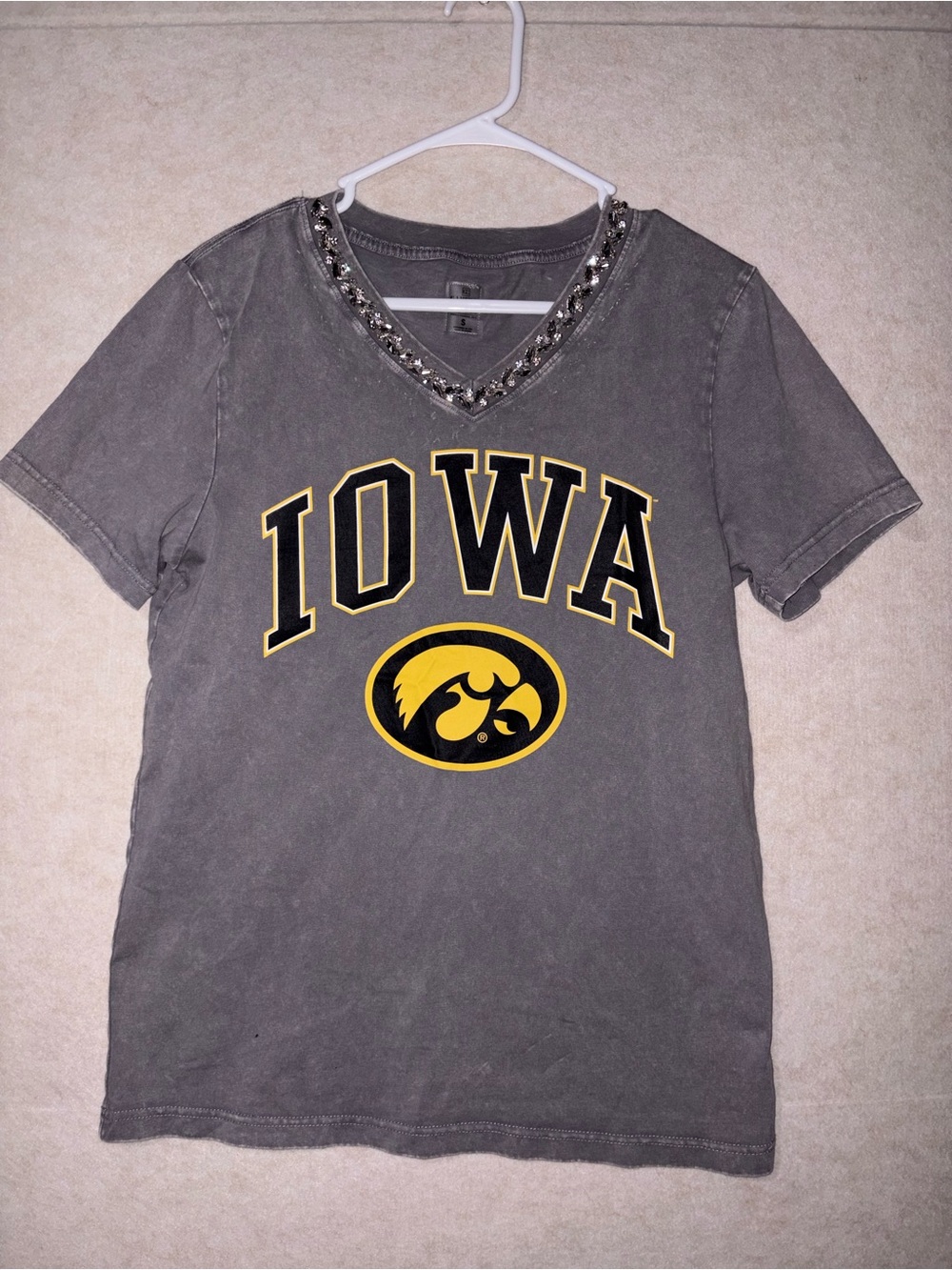 Iowa Gray V-Neck Short Sleeve Tee with Embellished Neckline